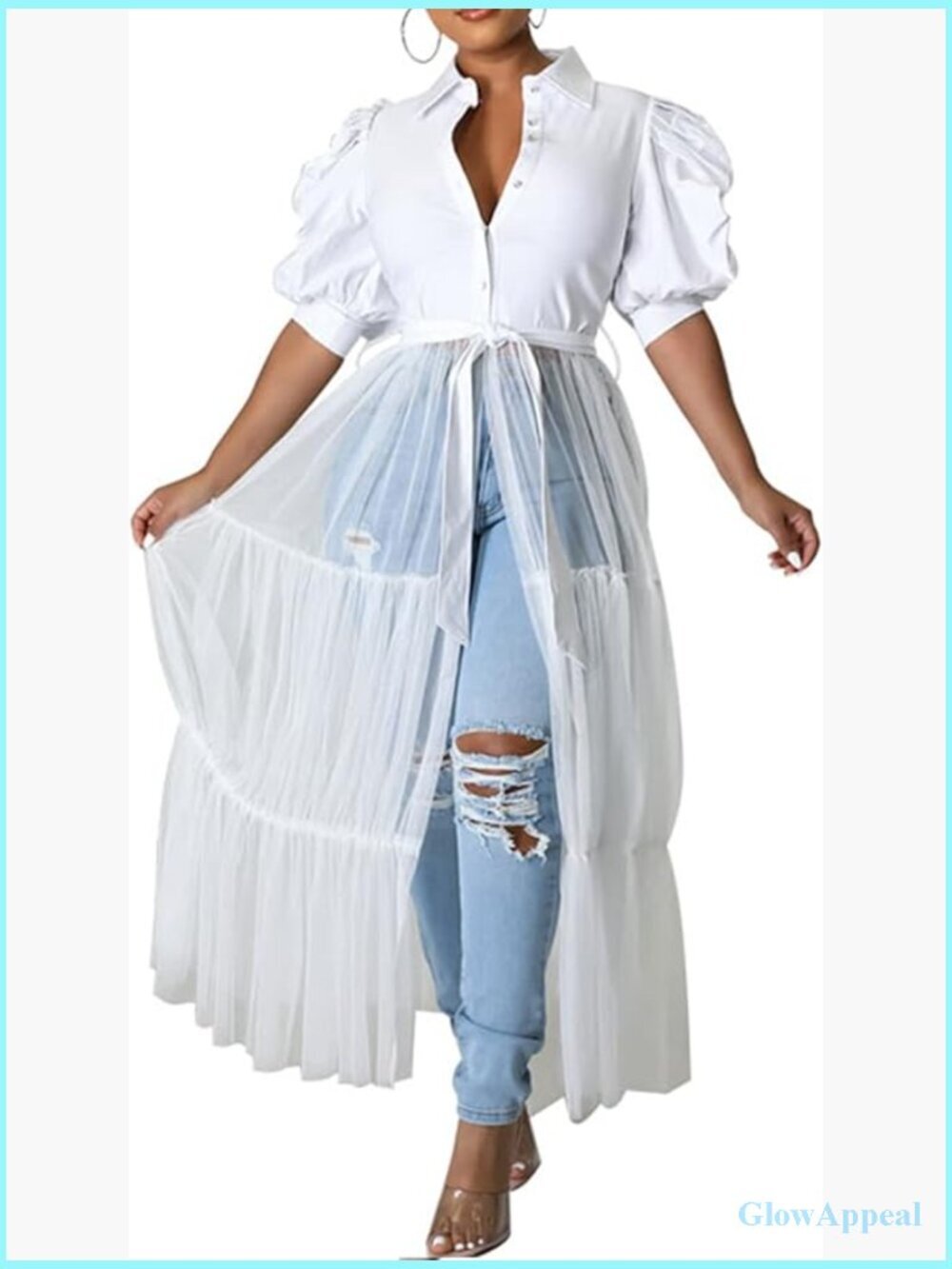 Women's Sheer Mesh Button Down Maxi Dress with Belt, Short Sleeve High Low Tunic